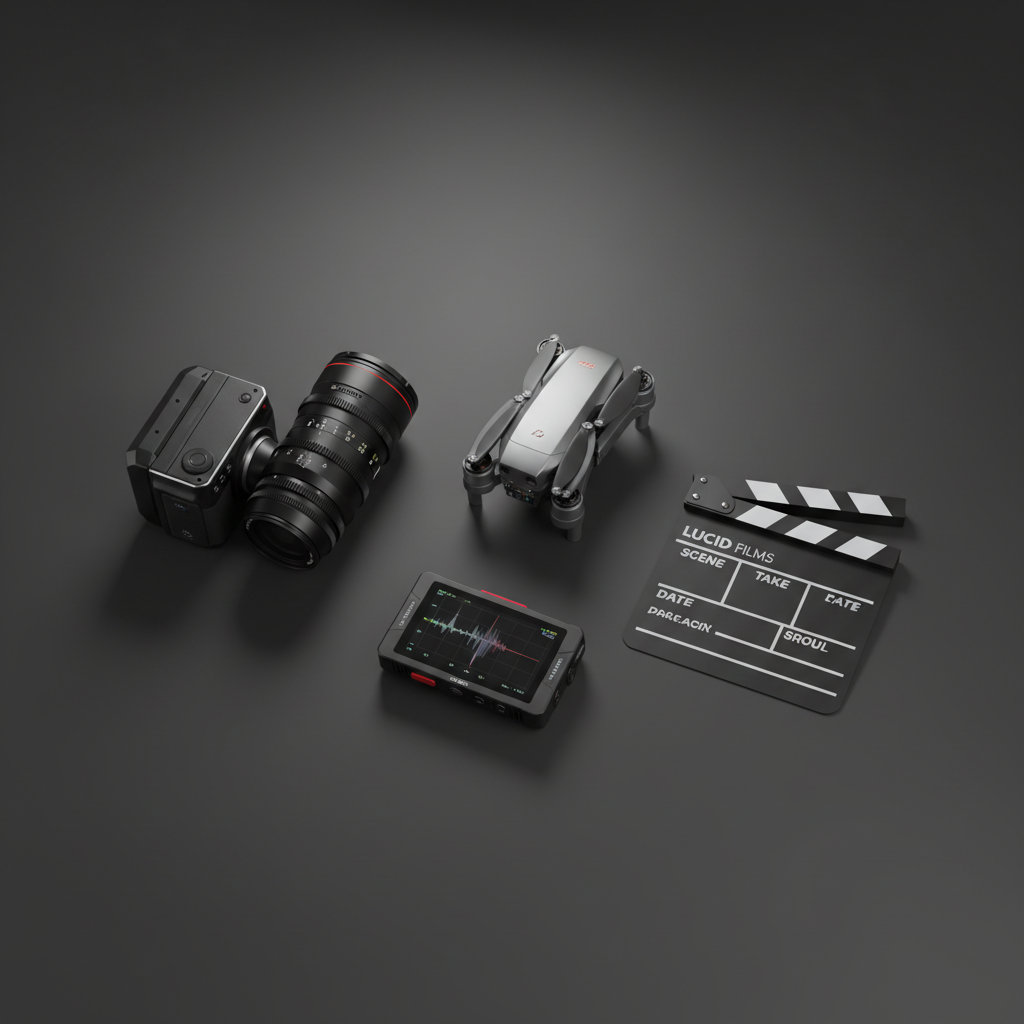 A meticulously arranged flat lay of high-end audiovisual production tools on a seamless charcoal background: a compact cinema camera, a prime lens with finely engraved focal markings, a sleek drone folded with metallic arms, an external recorder, and a minimalist slate with crisp typography. Subtle, softbox lighting from the left creates gentle edge highlights and a smooth gradient of shadows, giving each object sculpted dimensionality. The composition uses strong diagonal lines to guide the eye across the gear, with negative space carefully preserved around the edges. The mood is refined, confident, and technical, conveying the precision and versatility of a premium production company in a cinematic, ultra-clean, photorealistic aesthetic.