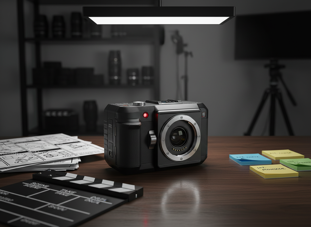 An elegant, matte-black cinema camera with intricate dials, a polished metal lens mount, and a glowing red record light, resting on a dark walnut production desk. Around it lie neatly arranged storyboards, a sleek clapperboard, and color-coded post-it notes with scene labels. Cinematic, directional light from a single overhead softbox carves out dramatic highlights along the camera’s edges and casts long, controlled shadows across the desk. The background falls into a soft, defocused haze of studio gear shelves. Shot at eye level with a shallow depth of field, the composition is balanced and minimalist, evoking a sophisticated, premium audiovisual production aesthetic in a photorealistic cinematic style.