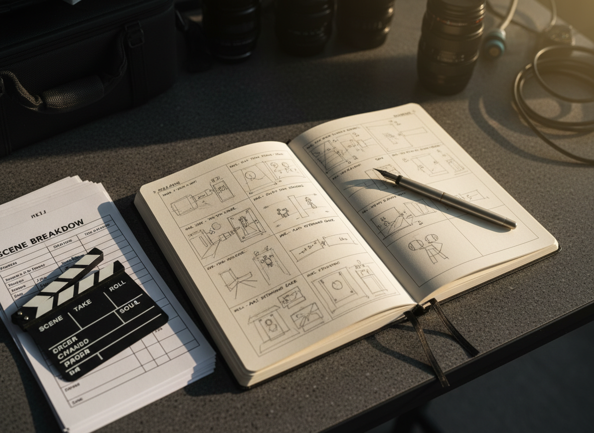 An open hardcover director’s notebook with thick, ivory pages filled with hand-drawn storyboards and precise shot notes, resting on a textured graphite tabletop. Beside it lies a sleek metal pen, a compact clapboard with clean white stripes, and a neatly stacked set of scene breakdown sheets. A shaft of warm, late-afternoon light enters from the right, grazing the paper fibers and revealing delicate shadows from the pen and clapboard. In the softly blurred background, outlines of lenses and a camera case hint at the production ahead. Framed from a slightly overhead, three-quarter angle, with subtle vignetting and shallow depth of field, the image feels contemplative, cinematic, and meticulously crafted, celebrating the conceptual phase of audiovisual storytelling.