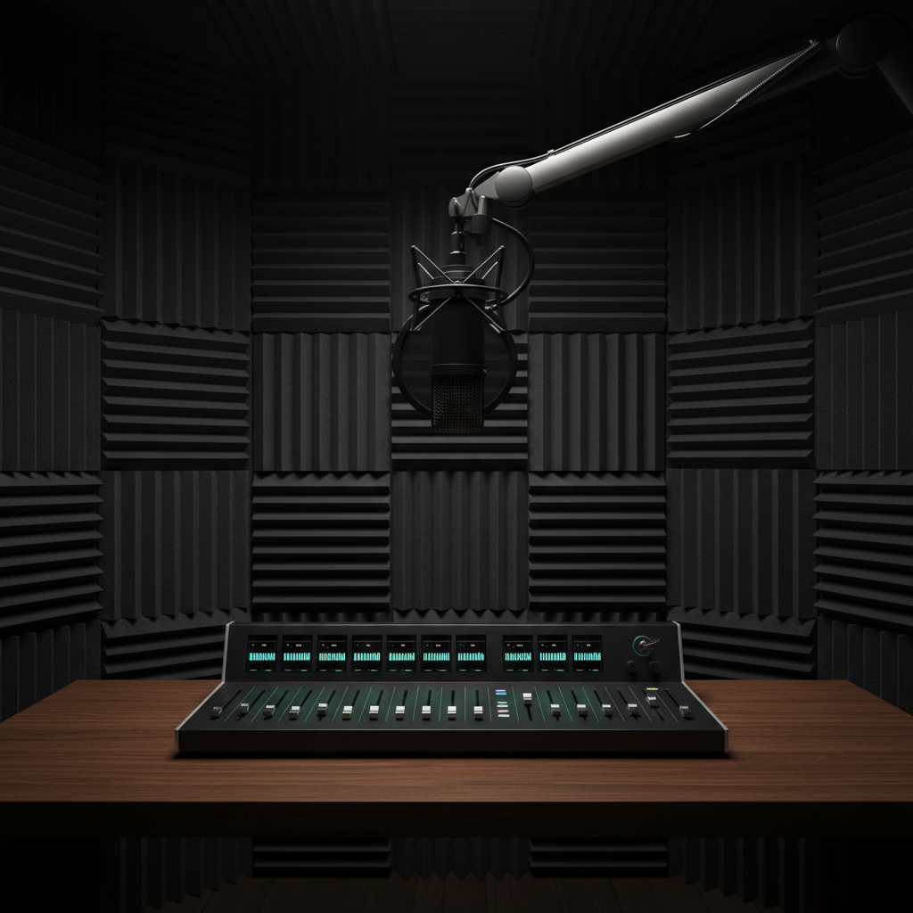 A soundproof, charcoal-acoustic-panelled studio interior with a single, suspended broadcast-grade microphone hovering above a sleek, brushed-metal boom arm. Beneath it, a minimalist mixing console with glowing level meters and smooth faders rests on a dark oak surface with a satin sheen. Soft, directional spotlighting from above isolates the microphone and console, letting the surrounding panels fade into a smooth, velvety darkness. Captured with a centered, slightly low-angle composition, the microphone looms with quiet authority. The mood is intimate, focused, and sophisticated, evoking the subtle power of premium audio storytelling for film and branded content in a highly cinematic, photorealistic aesthetic.