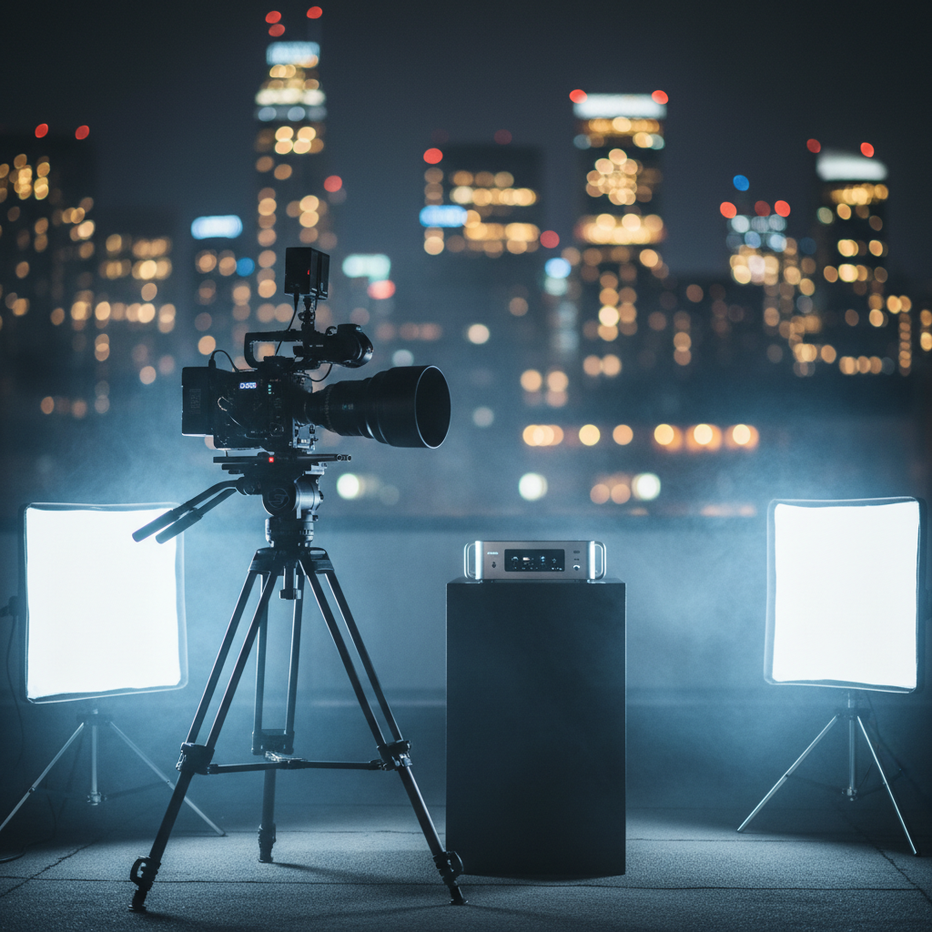 A dramatic, nighttime urban rooftop set dressed for a commercial shoot, featuring a sturdy, carbon-fiber tripod-mounted camera with a large cinema lens pointed toward a glowing city skyline. LED light panels with soft diffusion frames cast a controlled, cool-toned wash over a minimalist product pedestal, while the distant skyscrapers sparkle in rich bokeh. Low-lying haze catches the light, adding subtle volumetric rays that enhance depth. Shot from a low, slightly angled perspective, the camera and lights dominate the foreground, with the city falling softly out of focus. The scene feels bold, cinematic, and aspirational, perfectly embodying sophisticated, big-city audiovisual storytelling in a polished, realistic style.
