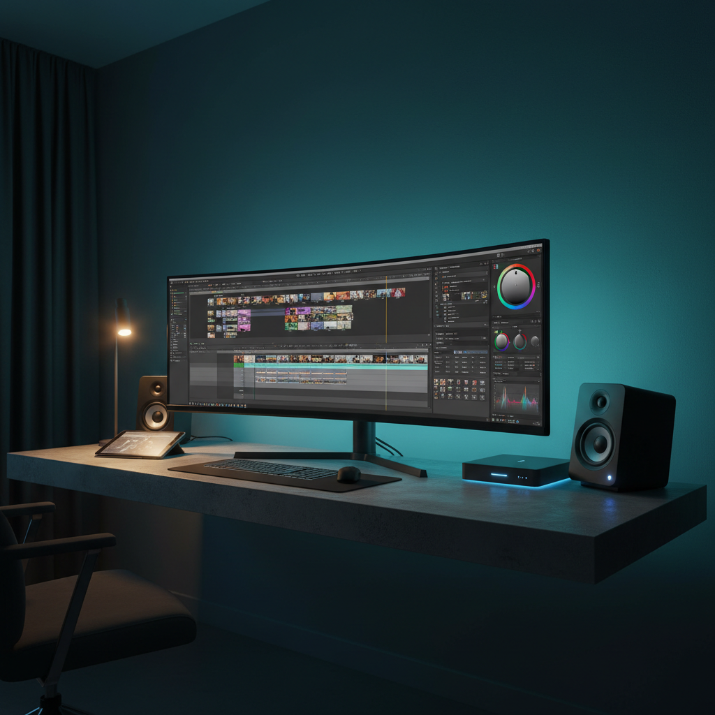 A large, ultra-wide curved monitor displaying a paused 4K timeline in a professional video editing suite, with color grading wheels, audio meters, and stacked layers clearly visible. The monitor sits on a floating, charcoal-gray desk with a subtle texture, flanked by two compact studio speakers and an illuminated external drive. Ambient LED strip lights wash the matte wall in a deep teal gradient, while a single warm desk lamp creates a soft pool of light on the workspace. Captured from a slightly elevated, three-quarter angle with clean, precise framing, the scene feels controlled and cinematic, emphasizing precision, premium post-production, and sophisticated digital craftsmanship in a realistic, modern style.