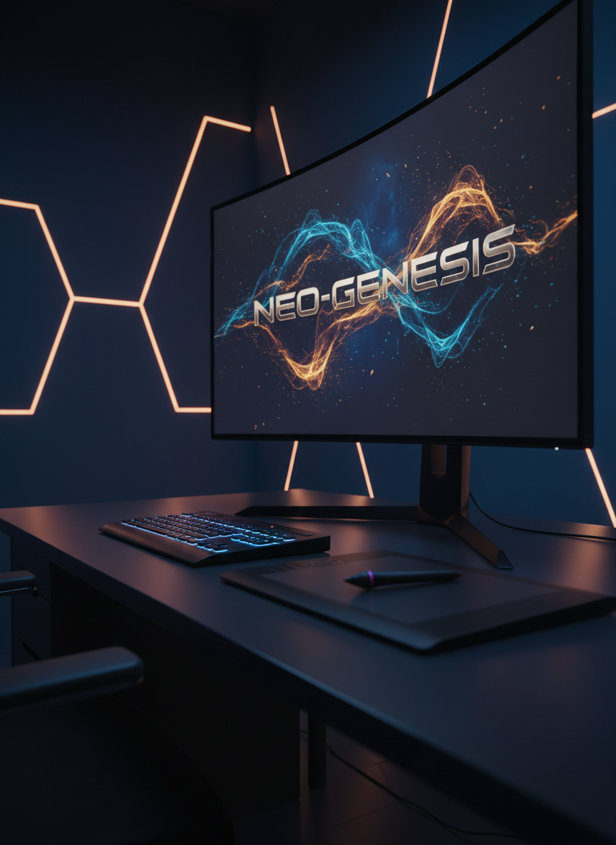 A high-end motion graphics workstation showcased in a dim, cinematic studio: a large monitor displaying a dynamic title sequence with glowing lines, particle effects, and layered typography over a dark background. The monitor sits on a matte-black desk alongside a compact control surface with backlit keys and a pen tablet with a stylus resting diagonally. Edge-lit acrylic panels on the wall cast a sophisticated gradient of deep blue and amber light. Shot from a low, side angle to emphasize depth, the composition leads the viewer’s eye from the stylus to the monitor. The atmosphere is futuristic, precise, and creative, highlighting premium visual effects and design work in a clean, photorealistic cinematic style.